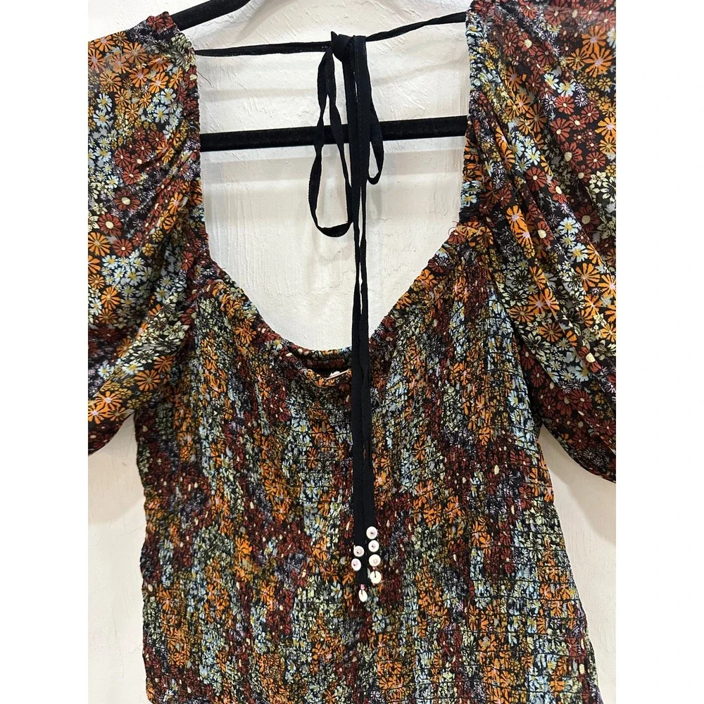 Free People Smocked Floral Puff Sleeve Top Square Neck Boho Multi-Color Casual S